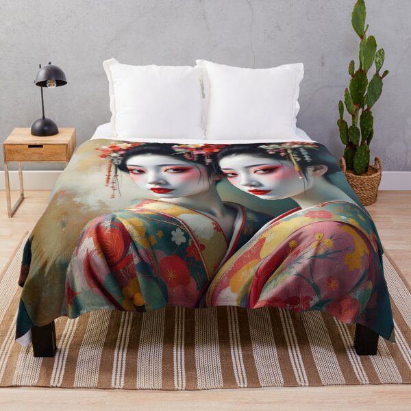 Item preview, Two beautiful Japanese geisha twins in flowers, kimono, orange designed and sold by Coolparrotgirl.