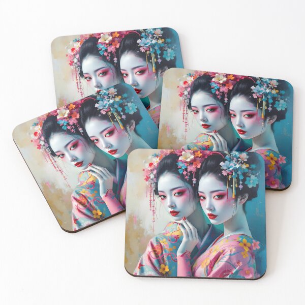 Item preview,  Two beautiful Japanese geisha twins in flowers,  kimono, pink designed and sold by Coolparrotgirl.