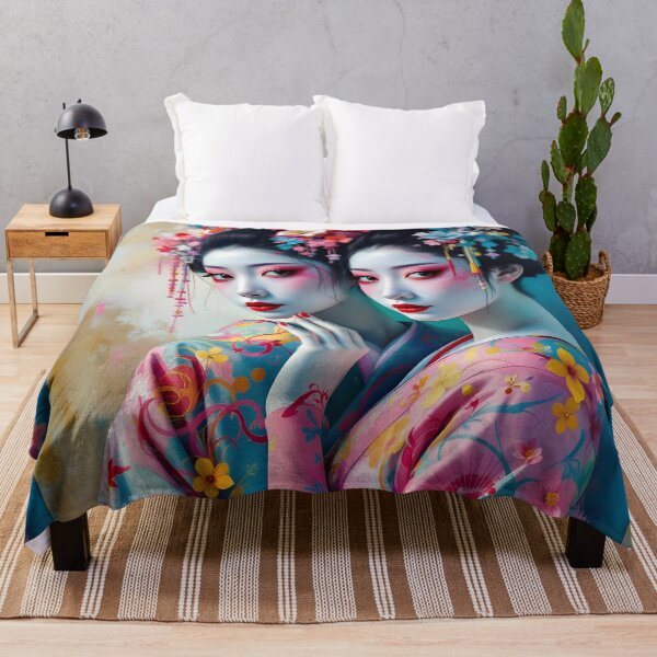 Item preview, Two beautiful Japanese geisha twins in flowers, kimono, pink designed and sold by Coolparrotgirl.