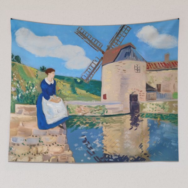 Item preview, Provence Watermill Landscape – French Countryside Painting with Woman in Blue Dress designed and sold by CARRAANN.