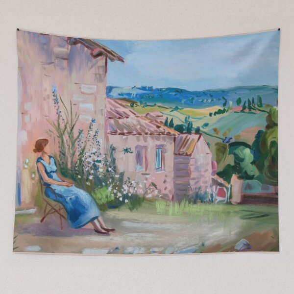 Item preview, Provence Countryside Scene – French Village Landscape with Woman in Blue Dress designed and sold by CARRAANN.