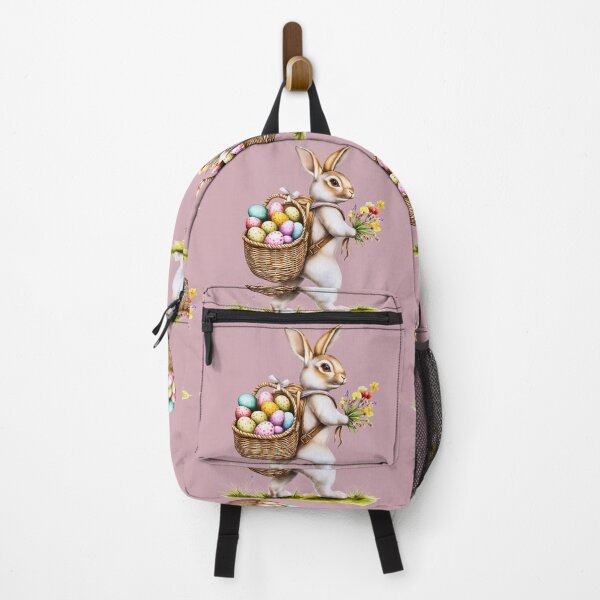 Artikelvorschau, Niedlicher Vintage illustrierter Osterhase mit Rucksack und Eierkorb läuft durch Frühlingsblumen EB3 entworfen und verkauft von Vicki Noble Art.