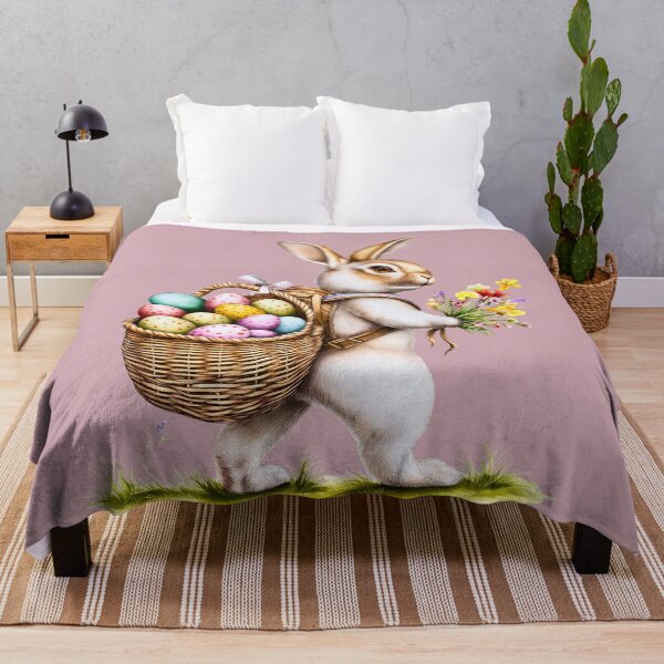 Item preview, Cute Vintage Illustrated Easter Bunny with backpack and Egg Basket walking through Spring Flowers EB3 designed and sold by Vicki Noble Art.
