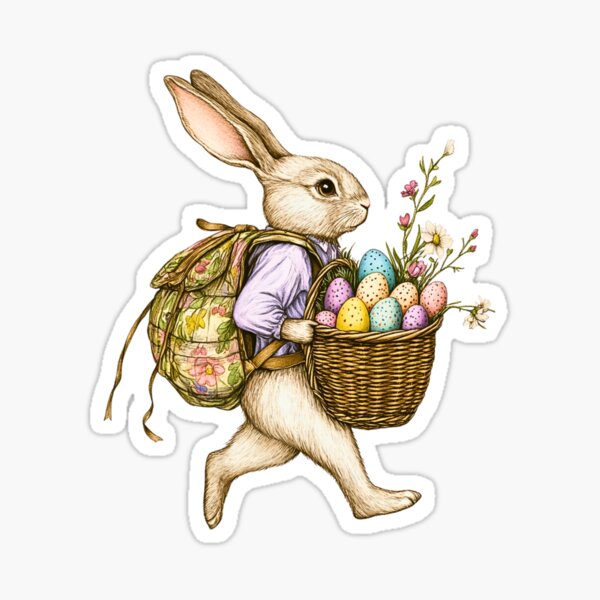 Item preview, Cute Vintage Illustrated Easter Bunny walking with flowered backpack and Egg Basket walking through Spring Flowers EB4 designed and sold by Vicki Noble Art.