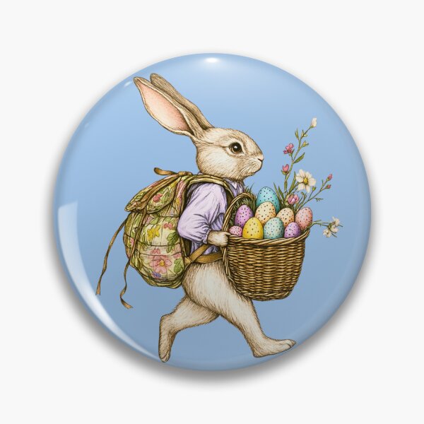 Item preview, Cute Vintage Illustrated Easter Bunny walking with flowered backpack and Egg Basket walking through Spring Flowers EB4 designed and sold by Vicki Noble Art.