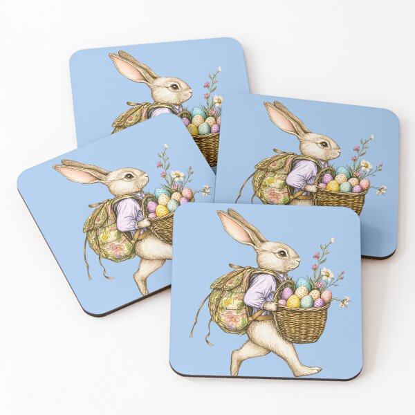 Item preview, Cute Vintage Illustrated Easter Bunny walking with flowered backpack and Egg Basket walking through Spring Flowers EB4 designed and sold by Vicki Noble Art.
