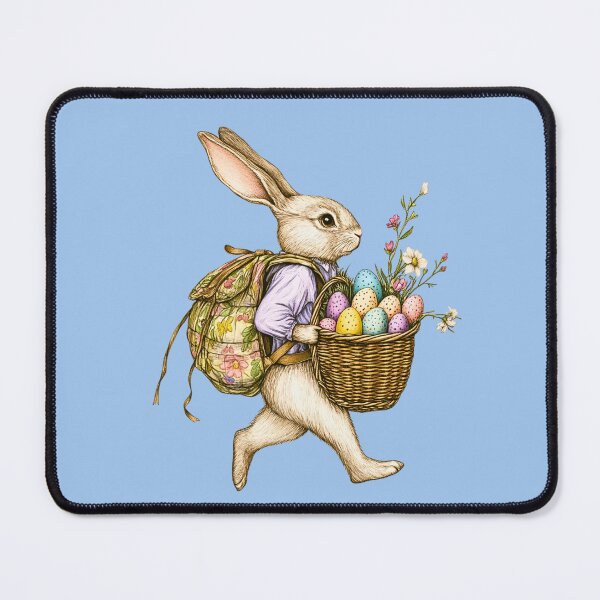 Item preview, Cute Vintage Illustrated Easter Bunny walking with flowered backpack and Egg Basket walking through Spring Flowers EB4 designed and sold by Vicki Noble Art.