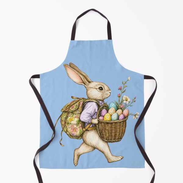 Item preview, Cute Vintage Illustrated Easter Bunny walking with flowered backpack and Egg Basket walking through Spring Flowers EB4 designed and sold by Vicki Noble Art.