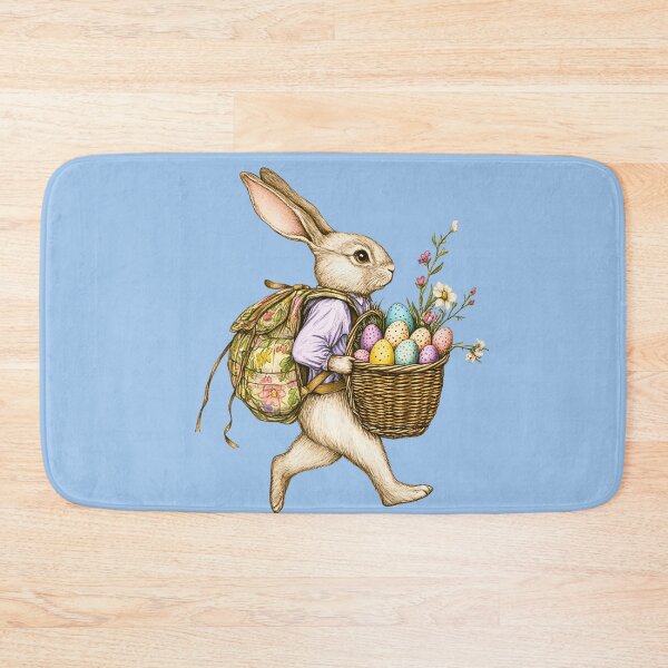 Item preview, Cute Vintage Illustrated Easter Bunny walking with flowered backpack and Egg Basket walking through Spring Flowers EB4 designed and sold by Vicki Noble Art.