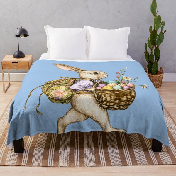 Item preview, Cute Vintage Illustrated Easter Bunny walking with flowered backpack and Egg Basket walking through Spring Flowers EB4 designed and sold by Vicki Noble Art.