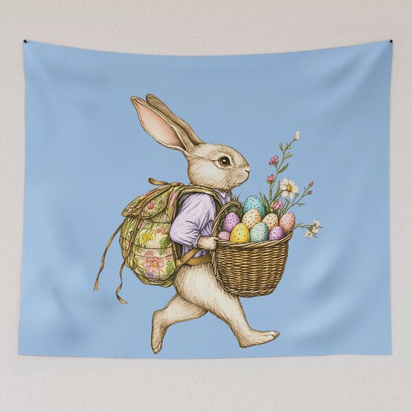 Item preview, Cute Vintage Illustrated Easter Bunny walking with flowered backpack and Egg Basket walking through Spring Flowers EB4 designed and sold by Vicki Noble Art.