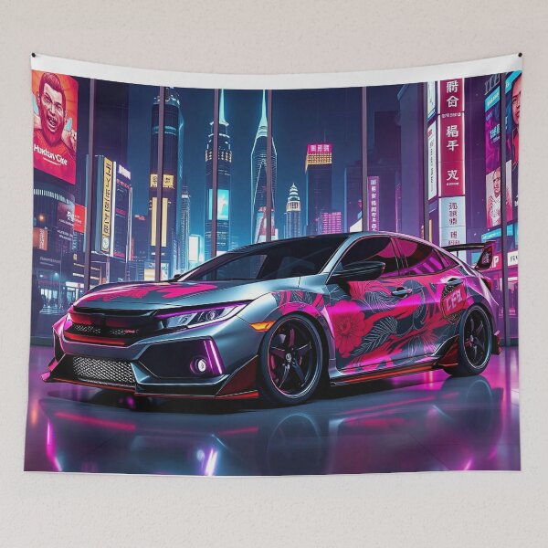 Item preview, Tuned Honda Civic in front of a skyline in the exhibition room, neon art designed and sold by Salimgor Hangaround Music.