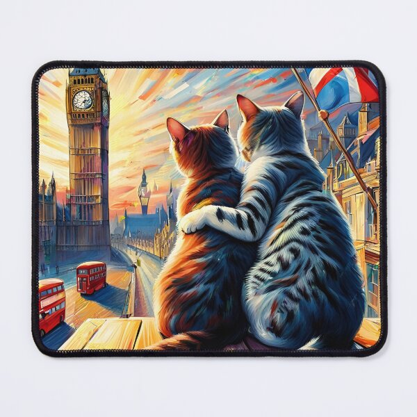 Item preview, Two cats are watching  iconic Big Ben and red bus in London, Union Jack flag, London roofs designed and sold by Coolparrotgirl.