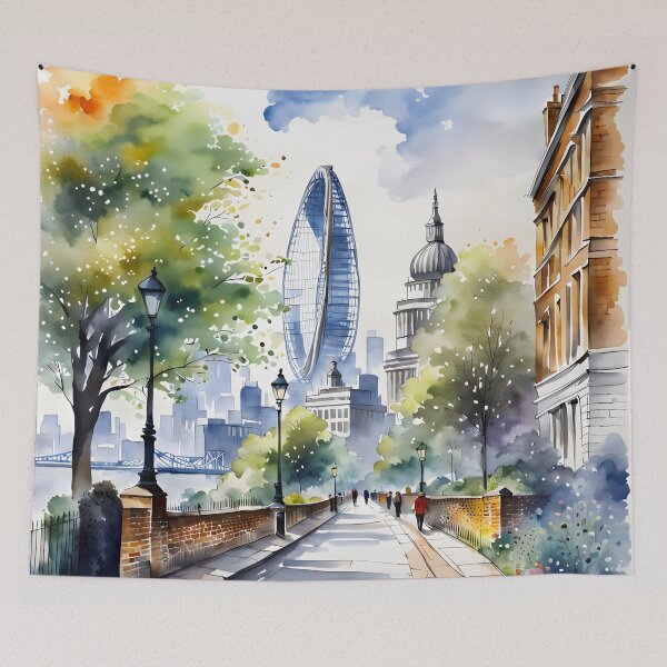 Item preview, Watercolour style London scene, iconic view of London skyline London Eye Big Ben The Shard designed and sold by Coolparrotgirl.