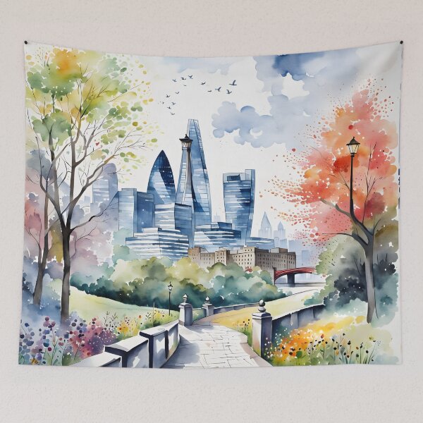 Item preview, Watercolour style London scene, iconic view of London skyline London Eye Big Ben The Shard designed and sold by Coolparrotgirl.
