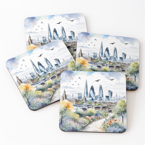 Item preview, Watercolour style London scene, iconic view of London skyline London Eye Big Ben The Shard designed and sold by Coolparrotgirl.