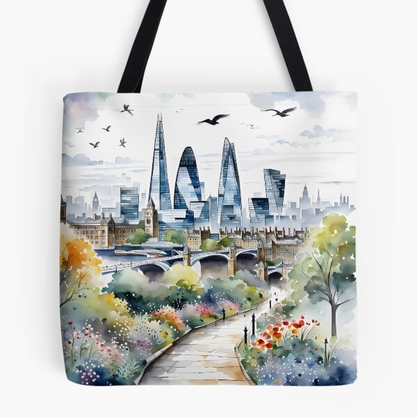 Item preview, Watercolour style London scene, iconic view of London skyline London Eye Big Ben The Shard designed and sold by Coolparrotgirl.