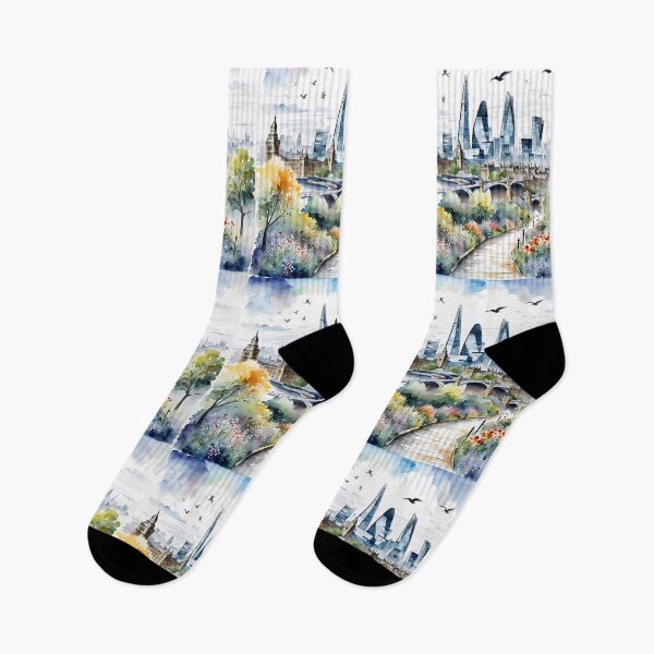 Item preview, Watercolour style London scene, iconic view of London skyline London Eye Big Ben The Shard designed and sold by Coolparrotgirl.