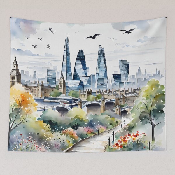 Item preview, Watercolour style London scene, iconic view of London skyline London Eye Big Ben The Shard designed and sold by Coolparrotgirl.