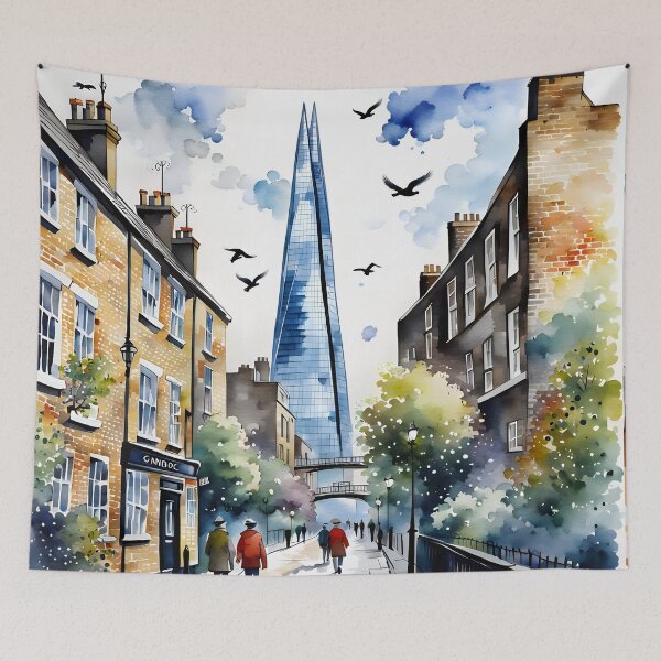Item preview, Watercolour style London scene, iconic view of London skyline London Eye Big Ben The Shard designed and sold by Coolparrotgirl.