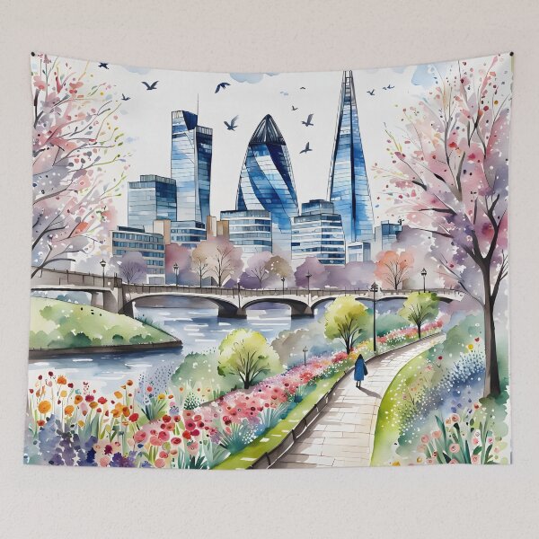 Item preview, Watercolour style London scene, iconic view of London skyline London Eye Big Ben The Shard designed and sold by Coolparrotgirl.
