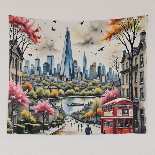 Item preview, Watercolour style London scene, iconic view of London skyline London Eye Big Ben The Shard designed and sold by Coolparrotgirl.