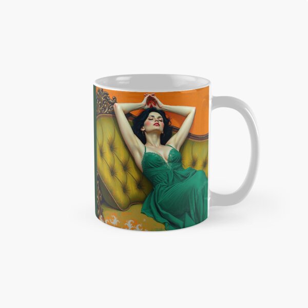 Item preview, Painting of a beautiful lady in a green dress reclining on her sofa designed and sold by Vintage Designs +.