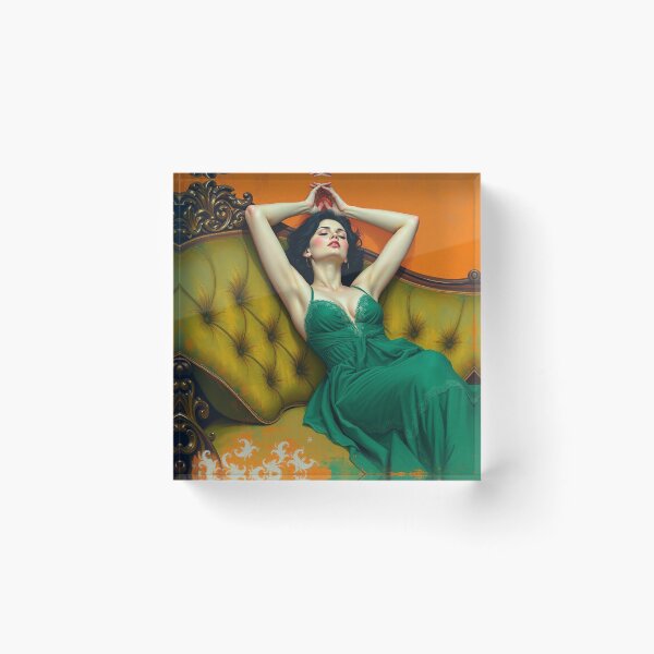 Item preview, Painting of a beautiful lady in a green dress reclining on her sofa designed and sold by Vintage Designs +.