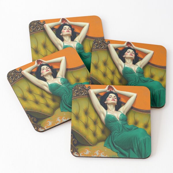 Item preview, Painting of a beautiful lady in a green dress reclining on her sofa designed and sold by Vintage Designs +.