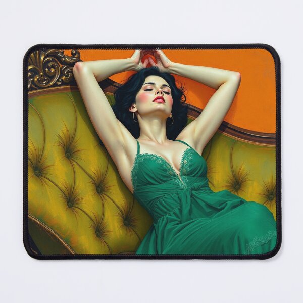 Item preview, Painting of a beautiful lady in a green dress reclining on her sofa designed and sold by Vintage Designs +.