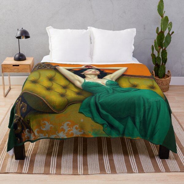 Item preview, Painting of a beautiful lady in a green dress reclining on her sofa designed and sold by Vintage Designs +.