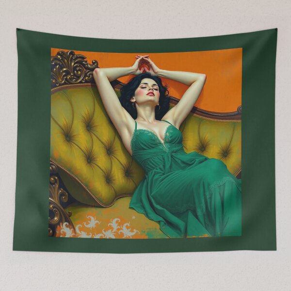 Item preview, Painting of a beautiful lady in a green dress reclining on her sofa designed and sold by Vintage Designs +.