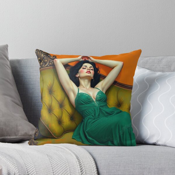 Item preview, Painting of a beautiful lady in a green dress reclining on her sofa designed and sold by Vintage Designs +.