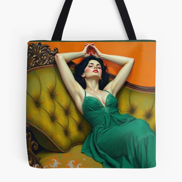 Item preview, Painting of a beautiful lady in a green dress reclining on her sofa designed and sold by Vintage Designs +.