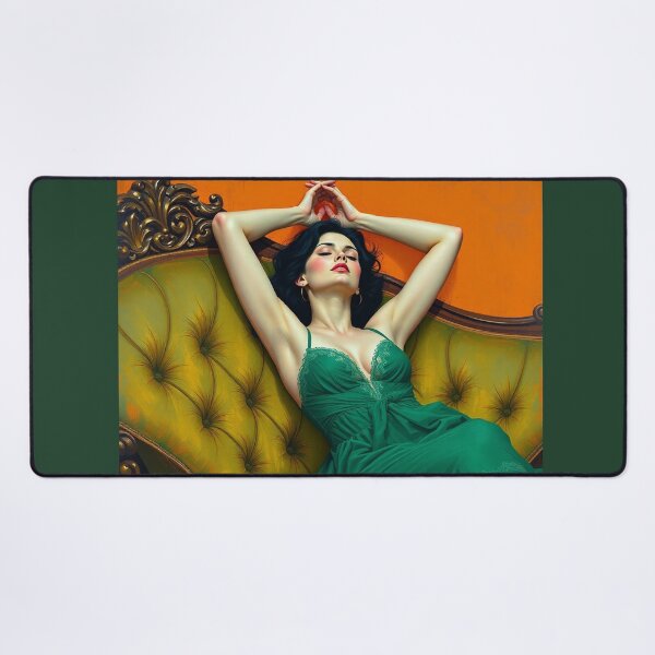 Item preview, Painting of a beautiful lady in a green dress reclining on her sofa designed and sold by Vintage Designs +.