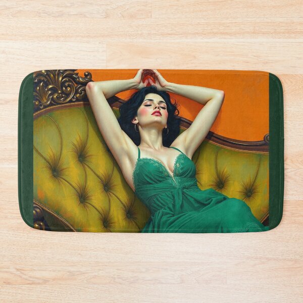 Item preview, Painting of a beautiful lady in a green dress reclining on her sofa designed and sold by Vintage Designs +.