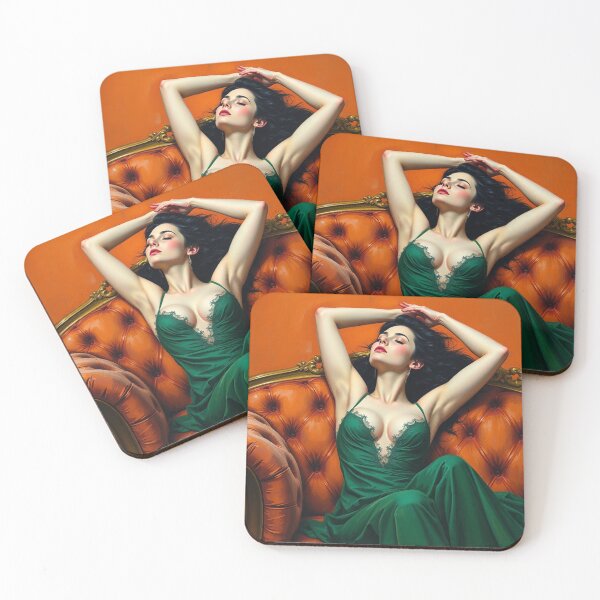 Item preview, Painting of a beautiful lady in a green dress reclining on her sofa designed and sold by Vintage Designs +.