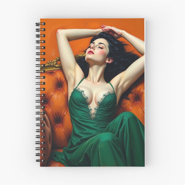 Item preview, Painting of a beautiful lady in a green dress reclining on her sofa designed and sold by Vintage Designs +.