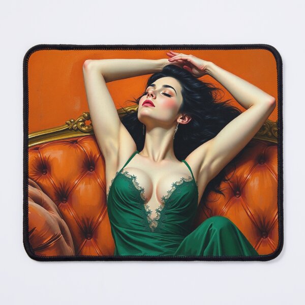 Item preview, Painting of a beautiful lady in a green dress reclining on her sofa designed and sold by Vintage Designs +.