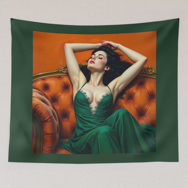 Item preview, Painting of a beautiful lady in a green dress reclining on her sofa designed and sold by Vintage Designs +.