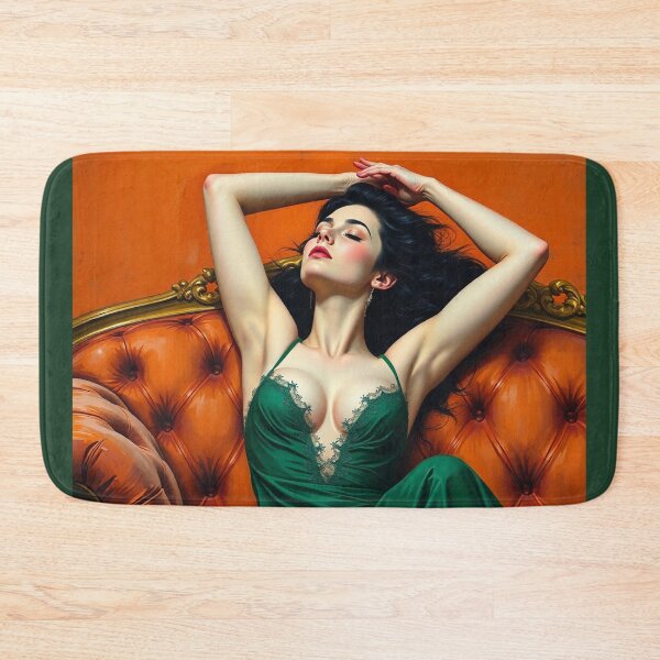 Item preview, Painting of a beautiful lady in a green dress reclining on her sofa designed and sold by Vintage Designs +.