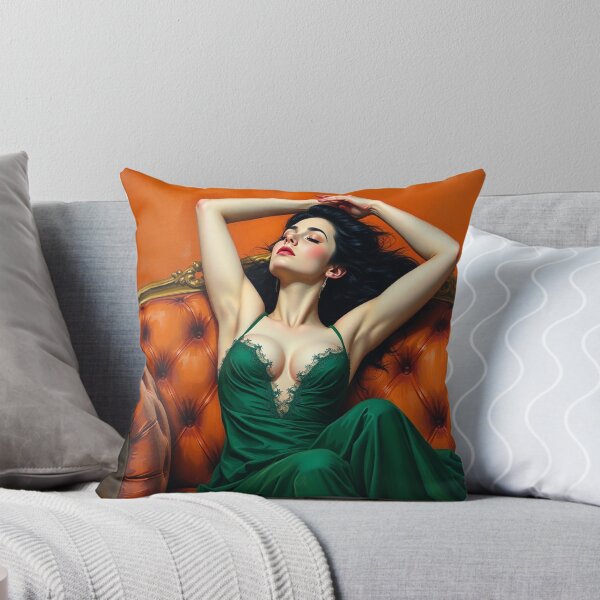 Item preview, Painting of a beautiful lady in a green dress reclining on her sofa designed and sold by Vintage Designs +.