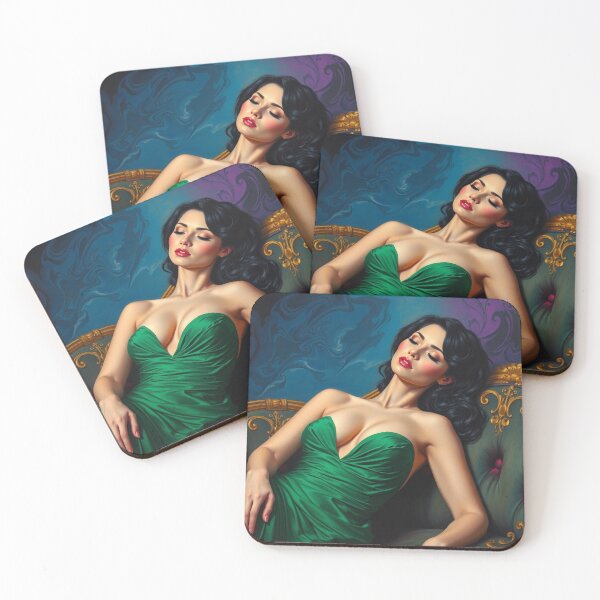 Item preview,  Painting of a beautiful lady in a green dress reclining on her sofa designed and sold by Vintage Designs +.