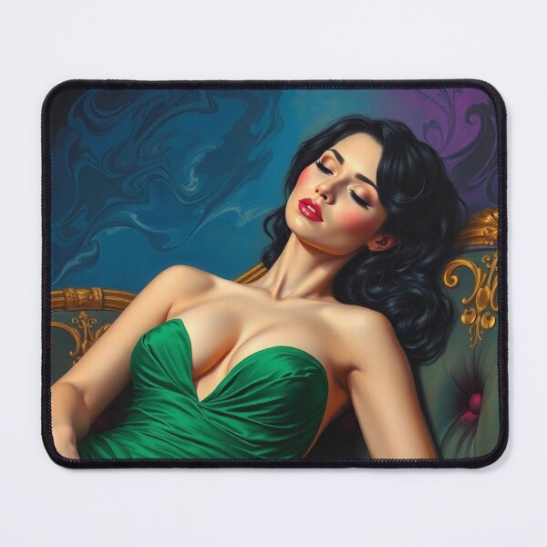 Item preview, Painting of a beautiful lady in a green dress reclining on her sofa designed and sold by Vintage Designs +.