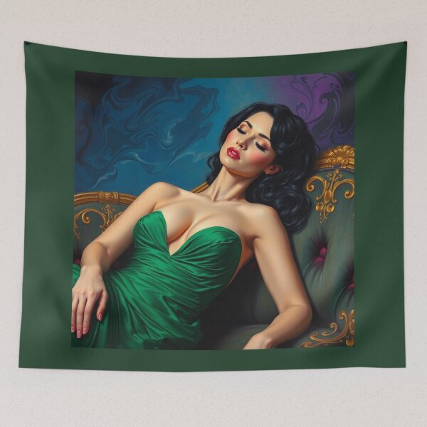 Item preview,  Painting of a beautiful lady in a green dress reclining on her sofa designed and sold by Vintage Designs +.