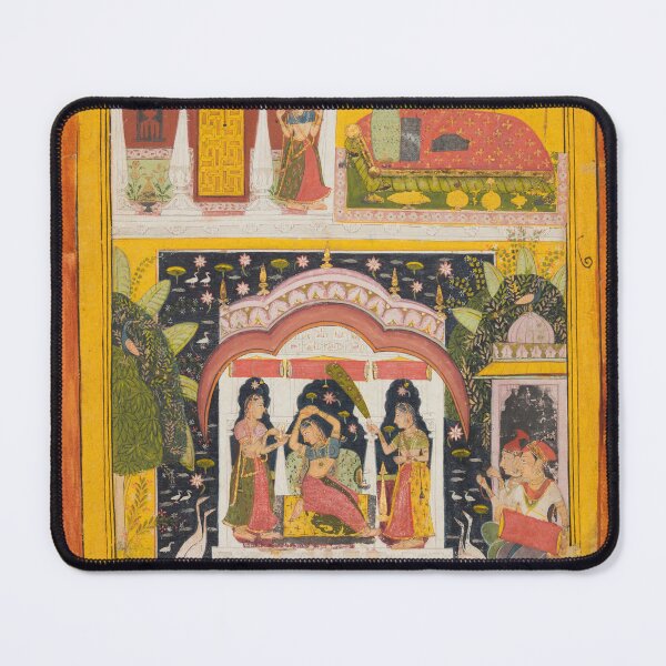 Item preview, A Royal Woman in a Pavilion Desavarari Ragini of Dipak, from a Ragamala, c. 1695. Northwestern India, Rajasthan, Rajput Kingdom of Mewar. Gum tempera, ink, silver, and gold on paper designed and sold by Vintage Designs +.