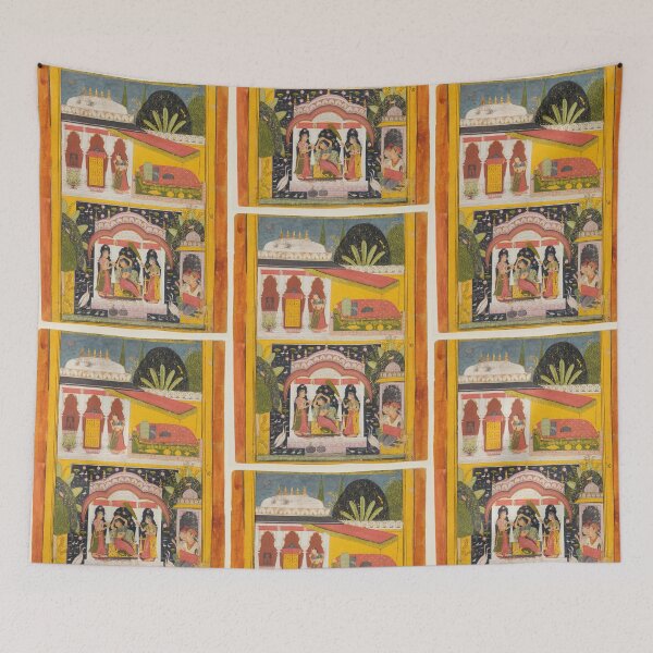 Item preview, A Royal Woman in a Pavilion Desavarari Ragini of Dipak, from a Ragamala, c. 1695. Northwestern India, Rajasthan, Rajput Kingdom of Mewar. Gum tempera, ink, silver, and gold on paper designed and sold by Vintage Designs +.