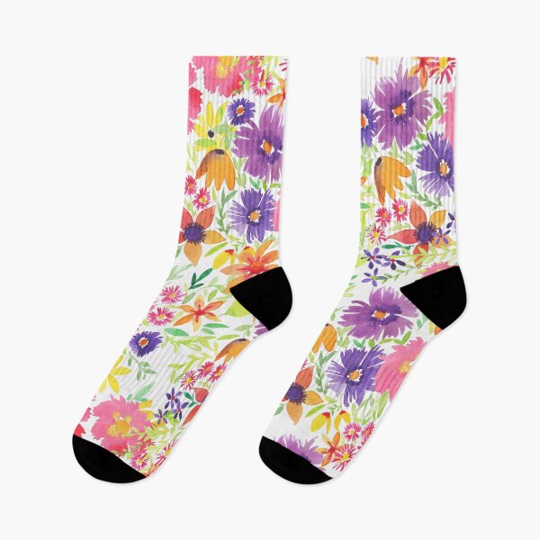 Item preview, A vibrant multi coloured colourful watercolour floral pattern of various wildflowers and foliage on a black background designed and sold by Hillary Holt.