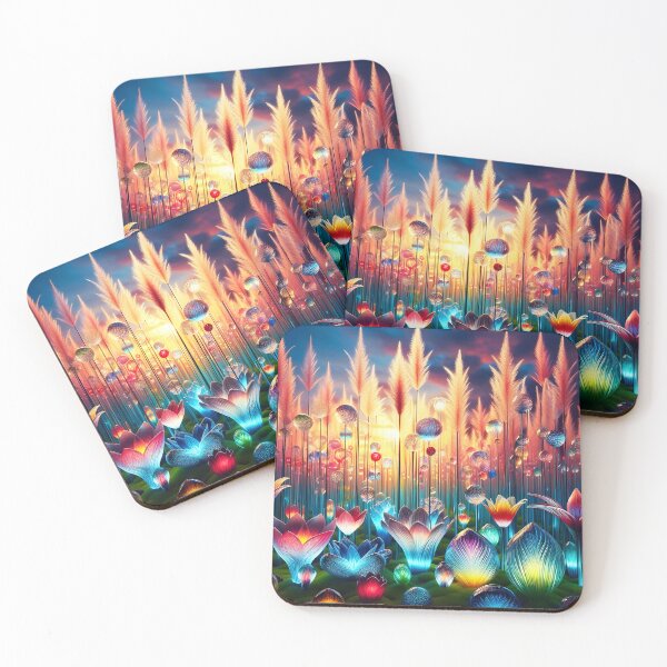 Item preview, Colorful crystal flowers in tall looming grasses natural habitat in the sunset designed and sold by EmeraldeaArt.