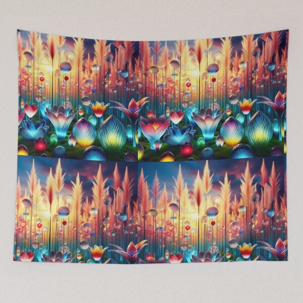 Item preview, Colorful crystal flowers in tall looming grasses natural habitat in the sunset designed and sold by EmeraldeaArt.